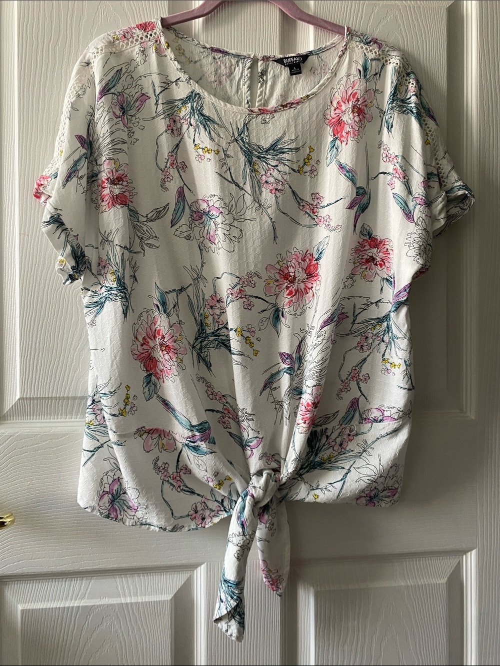 Buffalo David Bitton White Floral Tie-Front Blouse with Pink Accents